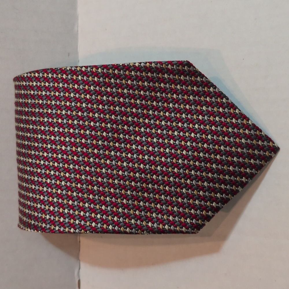 Daniel De Fasson Men's 100% Silk Handmade Tie - Red, Gray & Gold Print